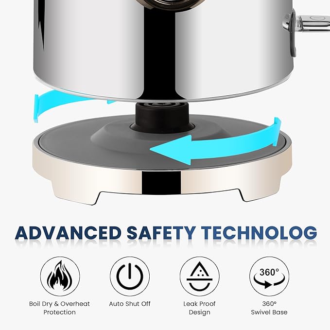 SUSTEAS Electric Kettle - 57oz Hot Tea Water Boiler with Thermometer, 1500W Fast Heating Stainless Steel Pot, Cordless LED Indicator, Auto Shut-Off & Boil Dry Protection, Silver