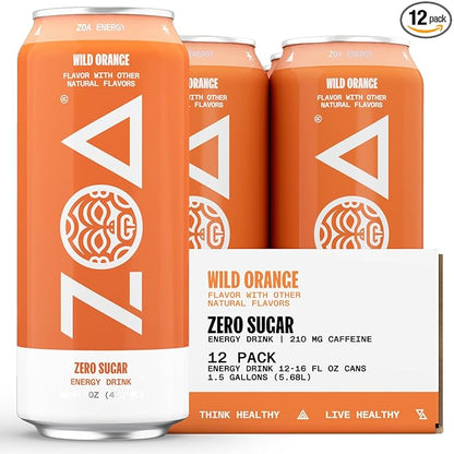 ZOA Zero Sugar Energy Drinks, Wild Orange - Sugar Free with Electrolytes, Healthy Vitamin C, Amino Acids, Essential B-Vitamins, and Caffeine from Green Tea - 16 Fl Oz (12-Pack)