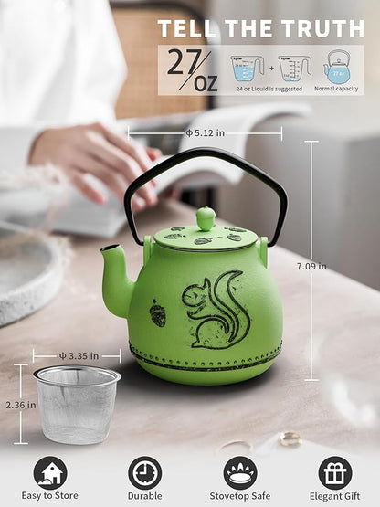 Toptier Teapot with Removable Infuser, Cast Iron Tea Kettle Stovetop Safe, Squirrel Design Tea Pot Coated with Enameled Interior for 32 Ounce (950 ml), Bright Green