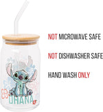 Load image into Gallery viewer, Silver Buffalo Disney Lilo and Stitch Ohana Floral Glass Jar Tumbler with Bamboo Lid and Glass Straw, 16 Ounces