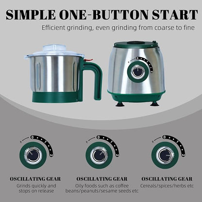 Versatile Kitchen Grinder | 500W Electric Mill | Grinds Spices, Nuts, Grains, Coffee | 3 Stainless Steel Blades | Dry Use (Green)