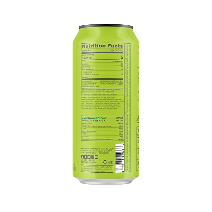 Gorilla Mind Energy Drink | Unmatched Energy · Amplified Focus | N-Acetyl-L-Tyrosine, Alpha-GPC, 200mg Caffeine, Uridine, Saffron | 0 Sugar Or Artificial Colors | 16oz, 12-Pack (Citrus Rain)