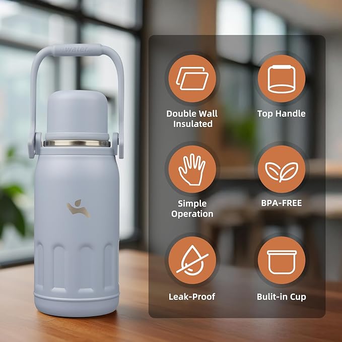 Insulated Water Bottle with Handle and Strap,Vacuum Travel Tumbler with Cup Lid,Thermo Coffee Cup for Hot Cold Drinks 27 OZ,Blue Haze