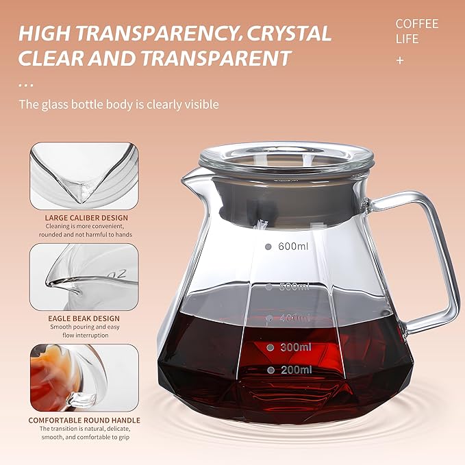 Glass Coffee Server for Drip Coffee Maker, Diamond Fashion Design Glass Coffee Carafe, Coffee Pot with Lid, Clear, 400ml(13.5oz)