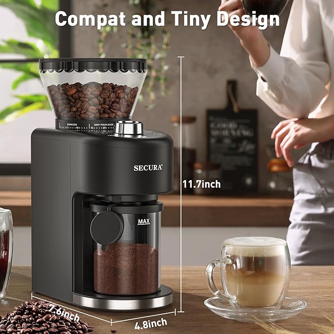 Secura Stainless Steel Conical Burr Coffee Grinder – 35 Grind Settings, 2-12 Cup Capacity, 8.8 oz Bean Storage, One-Touch Operation