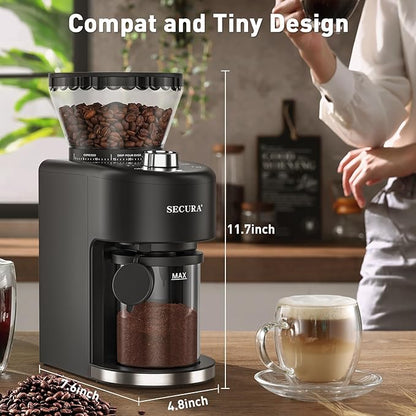 Secura Stainless Steel Conical Burr Coffee Grinder – 35 Grind Settings, 2-12 Cup Capacity, 8.8 oz Bean Storage, One-Touch Operation