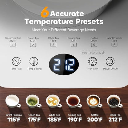 Electric Tea Kettle with Infuser, 1.5L Glass Water Boiler with Temperature Control, 24H Keep Warm & Auto Shut-Off, White