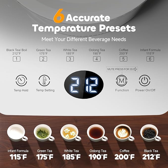 Electric Tea Kettle with Infuser, 1.5L Glass Water Boiler with Temperature Control, 24H Keep Warm & Auto Shut-Off, White