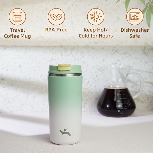 Tumbler with Lid, 12 oz Travel Coffee Mug Double Wall Vacuum Stainless Steel Thermal Metal Cup Insulated Water Bottle,GreenWhite