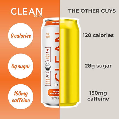 CLEAN Cause Zero Sugar Orange Ginger Yerba Mate Tea Sparkling, USDA Organic Energy Drink Alternative, Zero Calorie, 160mg Natural Caffeine, Soda Alternative, Plant-Based (16oz cans, 12-Pack Case)