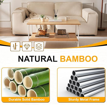 Coffee Table with 2 Tier Storage- Farmhouse Bamboo Coffee Tables, Mid Century Modern Center Table, Tea Tables for Living Room, Bedroom, Office, Patio (Natural)