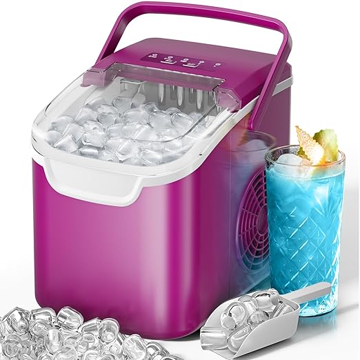 Kismile Ice Makers Countertop with Handle,8 Cubes in 6 Mins,Portable Ice Maker Machine with Self-Cleaning for Home/Office(Purple)