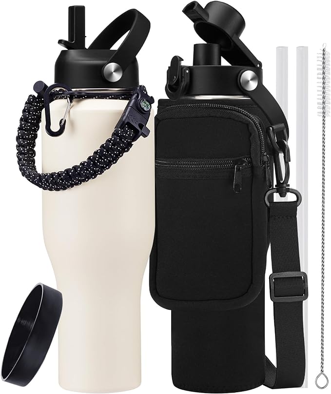 40 oz Insulated Water Bottle with Straw - Metal Water Bottle with Straw & Pop-up Chug Lid, Carrying Case, Skinny Leak-proof Stainless Steel Tumbler Coffee Cup Fits in Car Cup Holder