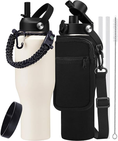 40 oz Insulated Water Bottle with Straw - Metal Water Bottle with Straw & Pop-up Chug Lid, Carrying Case, Skinny Leak-proof Stainless Steel Tumbler Coffee Cup Fits in Car Cup Holder