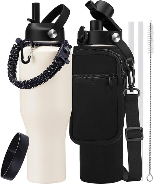 40 oz Insulated Water Bottle with Straw - Metal Water Bottle with Straw & Pop-up Chug Lid, Carrying Case, Skinny Leak-proof Stainless Steel Tumbler Coffee Cup Fits in Car Cup Holder