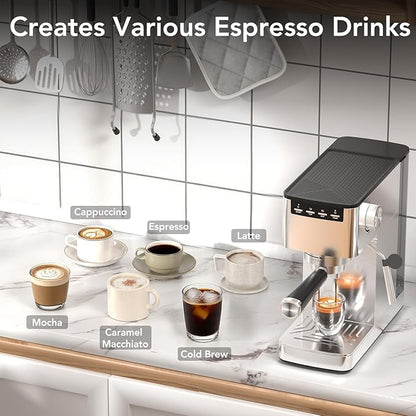 Kndko Espresso Machine, 20 Bar Espresso Coffee Maker with Steam Milk Frother, Compact Stainless Steel Coffee Machine with 40.5oz Removable Water Tank for Espresso, Latte, Cappuccino, Iced Coffee