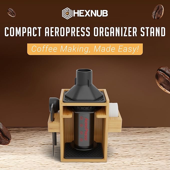 HEXNUB – Compact AeroPress Organizer Stand, Bamboo Coffee Caddy for AeroPress Coffee Maker, Accessories, Filters, Cups, Includes Mats - Black