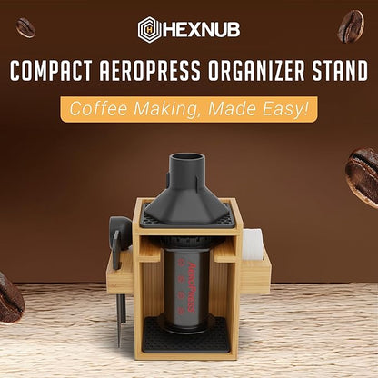 HEXNUB – Compact AeroPress Organizer Stand, Bamboo Coffee Caddy for AeroPress Coffee Maker, Accessories, Filters, Cups, Includes Mats - Black