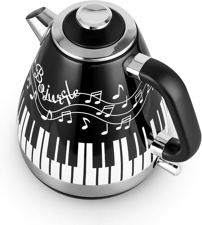 Artistic Electric Kettle with Hand-Applied Piano Keys and Music Note Stickers - 1.7L Stainless Steel Tea Kettle with LED Indicator, BPA-Free, 1200W Rapid Boil, Auto Shut-Off and Boil-Dry Protection