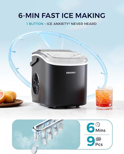 EUHOMY Countertop Ice Maker Machine with Handle, 26lbs in 24Hrs, 9 Ice Cubes Ready in 6 Mins, Auto-Cleaning Portable Ice Maker with Basket and Scoop, for Home/Kitchen/Camping/RV. (Black)