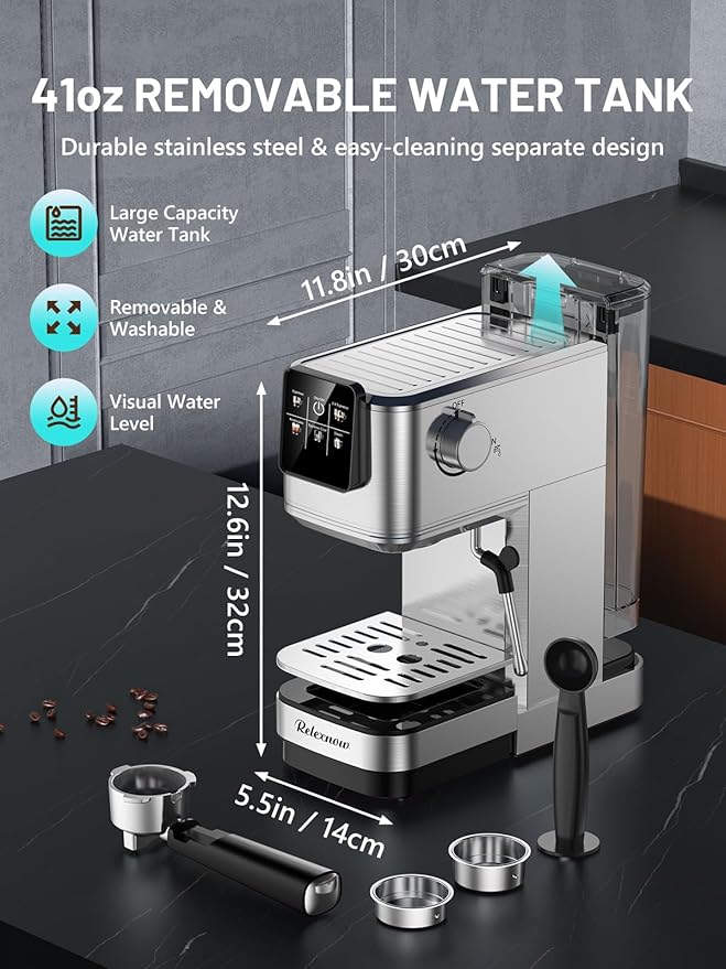 Espresso Machine, 20 Bar Professional Espresso Coffee Maker with Milk Frother Steam Wand, Hot & Iced Coffee Machine, Compact Stainless Steel Coffee Machine for Cappuccino,Latte,Cold Brew