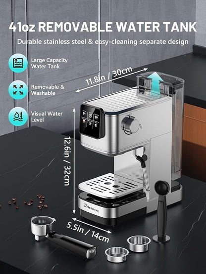 Espresso Machine, 20 Bar Professional Espresso Coffee Maker with Milk Frother Steam Wand, Hot & Iced Coffee Machine, Compact Stainless Steel Coffee Machine for Cappuccino,Latte,Cold Brew