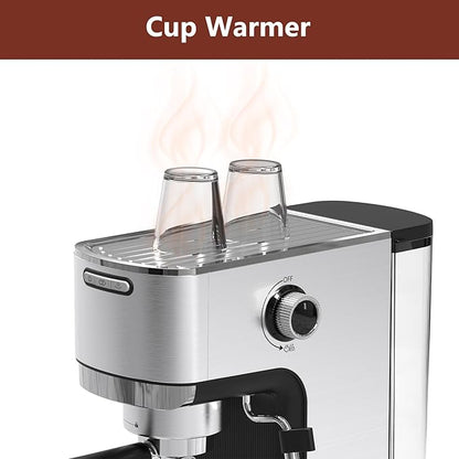 VEGETA Espresso Machine with Milk Frother, Small Coffee Maker 20 Bar with 40oz Removable Water Tank, Stainless Steel Coffee Machine for Cappuccino & Latte, Silver