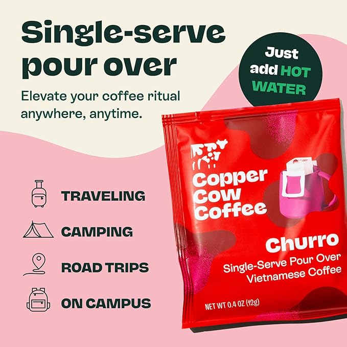 Copper Cow Premium Pour Over Single-Serve Vietnamese Coffee | Churro | Dark Roast | Flavored with Real Cinnamon | Includes 24 Coffees