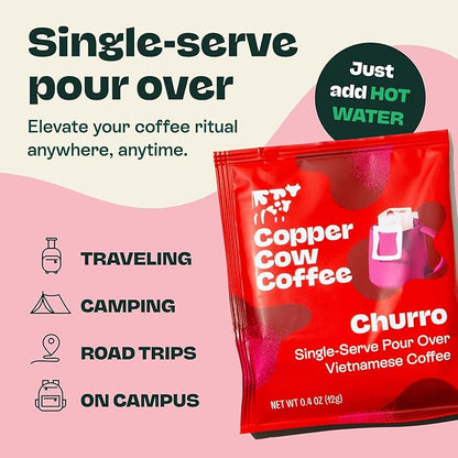 Copper Cow Premium Pour Over Single-Serve Vietnamese Coffee | Churro | Dark Roast | Flavored with Real Cinnamon | Includes 24 Coffees