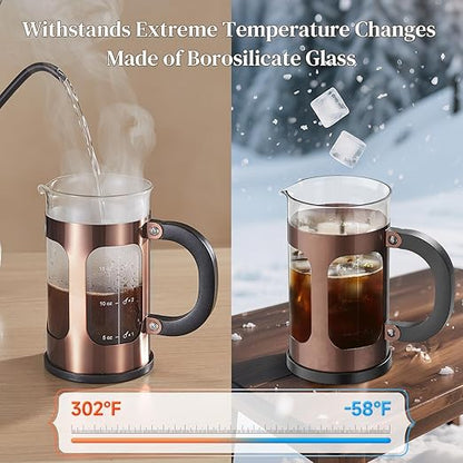 Veken French Press Coffee Maker 21oz 0.6 L, Heat Resistant Thickened Borosilicate Glass,Stainless Steel Brewer,Single Serve Small Pot, Cold Brew Cafetera Teapot for Kitchen Travel Camping, Copper