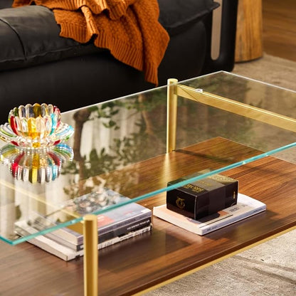 AGV LIGHTING Tadio Glass Coffee Table, Mid-Century Modern Coffee Table for Living Room, Gold Finish Leg, Clear Glass Top & Walnut Brown Wood Shelf, 41 in Length