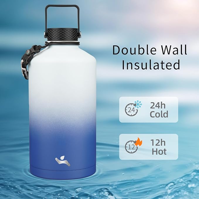 Gallon Insulated Water Bottle with Straw,128 oz 3 Lids Water Jug with Carrying Bag,Paracord Handle, Double Wall Vacuum Stainless Steel Metal Flask,Sky