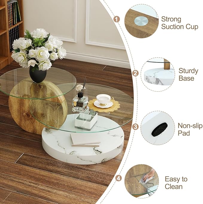 42 Inch Glass Coffee Table，Round Coffee Table with 2-Tier Tempered Glass Tabletop，Easy to Clean Circle Coffee Table with Sturdy Base for Living Room，Office （Brown & White Marble Colored Base）