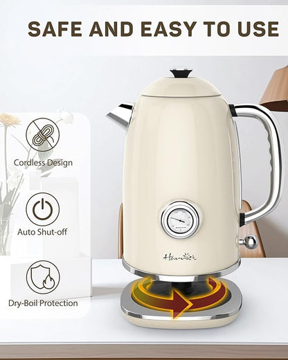 Harriet Electric Kettle, 1.8L Retro Electric Tea Kettle with Thermometer, 1500W Stainless Steel Hot Water Kettle Electric with LED Indicator, Fast Boiling, Cordless, Auto Shut-Off, Beige White