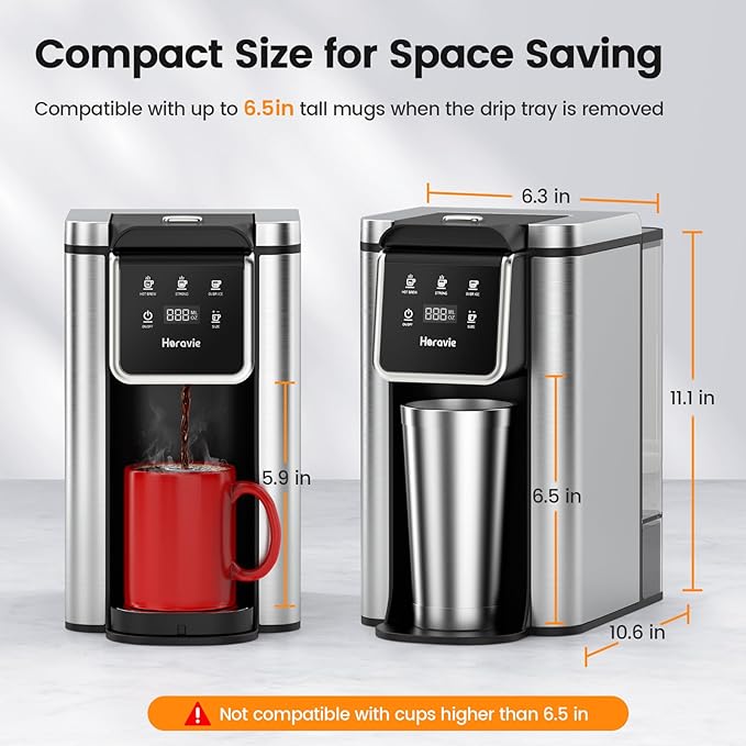 Single Serve Coffee Maker for K-Cup Pod and Grounds, Hot and Iced Coffee Maker, Strong Button Feature, 6 to 14oz Brew Sizes, 50oz Removable Reservoir, Up to 6.5 Inch Cup, Stainless Steel, Black
