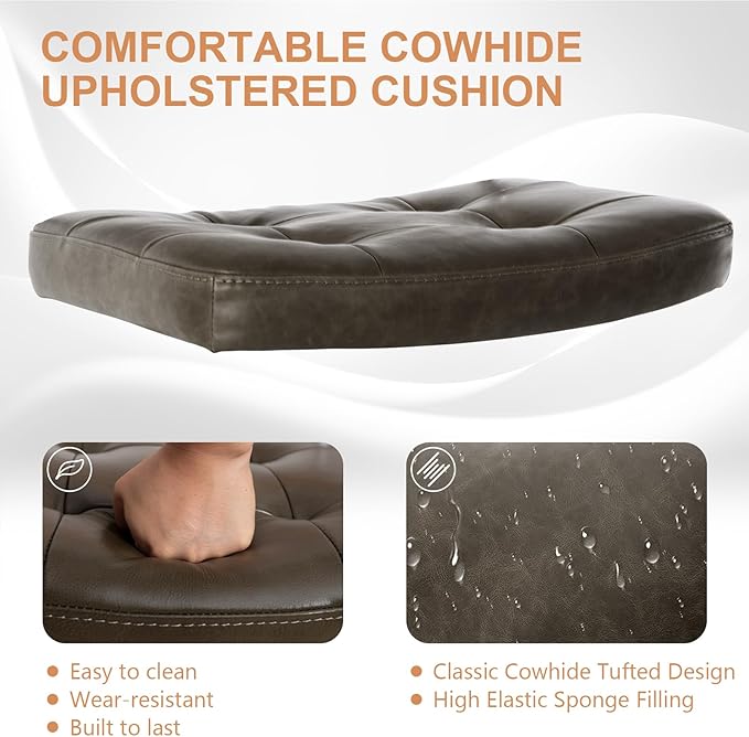 Genuine Leather Rattan Office Chairs, Modern Rattan Desk Chair with Natural Back & Wood Armrest, Small Upholstered Tufted Cowhide Home Office Desk Chairs for Home Office, Bedroom, Study, Olive Green