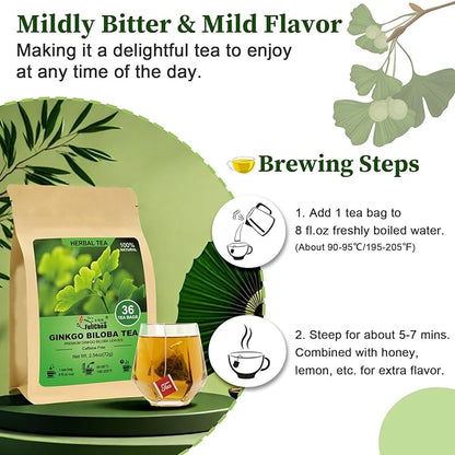 FullChea - Ginkgo Biloba Tea Bags, 36 Teabags - Premium Dried Ginkgo Biloba Leaves - Non-GMO - Caffeine-free - Support Memory & Focus