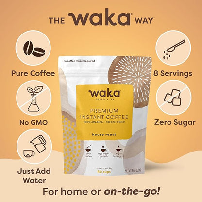 Waka Premium Instant Coffee Pouches — 100% Arabica Freeze Dried Beans — For Hot or Iced Coffee (8 Ounces, House Roast)