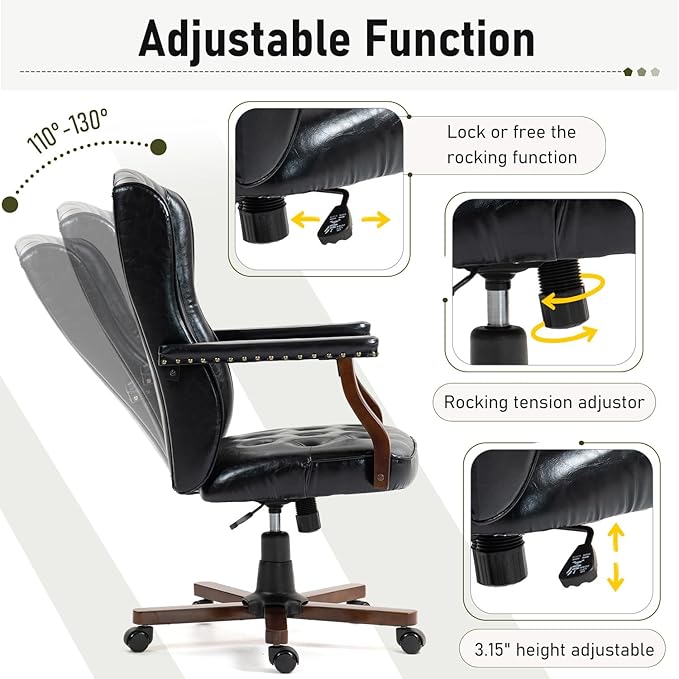 ECOTOUGE Ergonomic Executive Office Chair, Tufted Faux Leather Home Office Desk Chair, Vintage Wingback Swivel Work Chair, Black