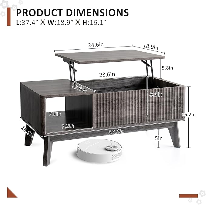 LYNCOHOME Fluted Lift Top Coffee Table with Storage,Modern Center Table for Living Room, Home Office（Grey）