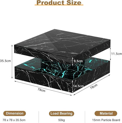 Black Marble LED Coffee Table for Living Room, Living Room Table 2-Tier Square Middle Center Table, Modern Coffee Tables with Storage, Contemporary Wood Tea Tables for Dining Reception