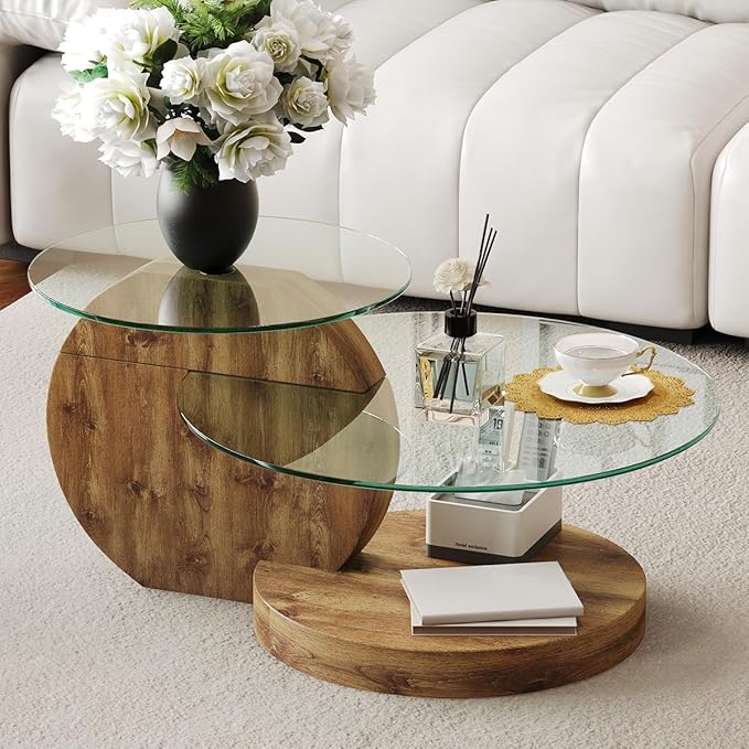 35 Inch Glass Coffee Table，Round Coffee Table with 2-Tier Tempered Glass Tabletop，Easy to Clean Circle Coffee Table with Sturdy Base for Living Room，Office （Brown Colored Base）