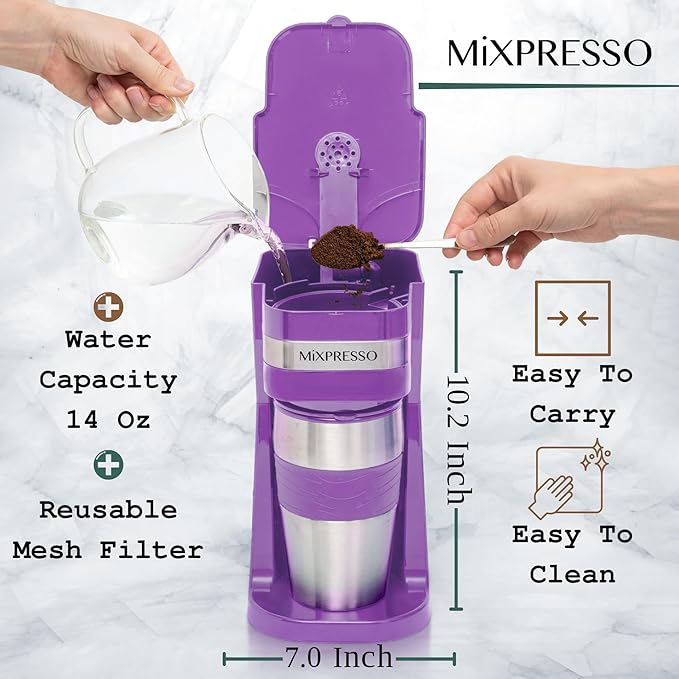 Mixpresso Purple Personal Single Serve Coffee Maker with 14oz Travel Mug, Drip Small Coffee Maker with Auto Shut Off, Reusable Filter, Works with Ground Coffee Only – Not for K-Cup Pods