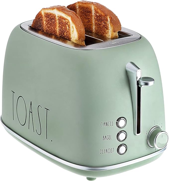 Rae Dunn Retro Rounded Bread Toaster, 2 Slice Stainless Steel Toaster with Removable Crumb Tray, Wide Slot with 6 Browning Levels, Bagel, Defrost and Cancel Options, Sage