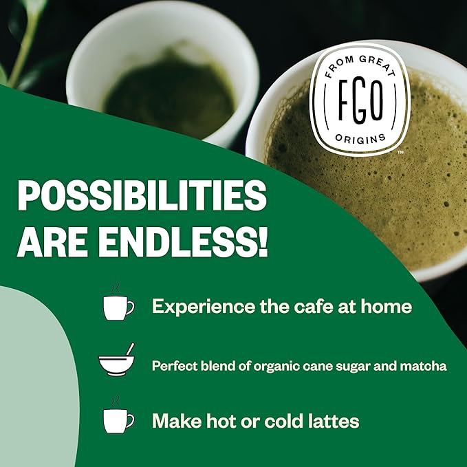 FGO Organic Matcha Latte Powder, 16 Ounce Bulk Resealable Bag, Japanese Matcha with Organic Cane Sugar, Lightly Sweetened, Packaging May Vary (Pack of 1)
