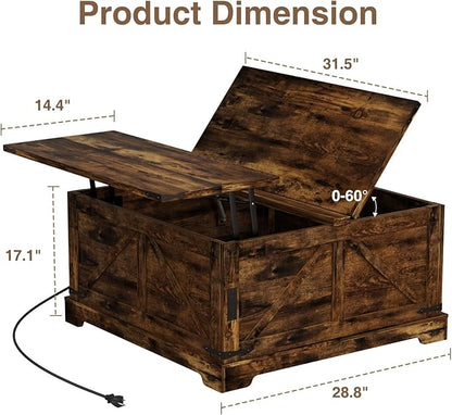 Coffee Table with Storage, 31.5" W Farmhouse Lift Top Wood Square Center Table with Charging Station, Rustic Cocktail Tables with Flip Top Lids for Living Room, Home Office, Rustic Brown