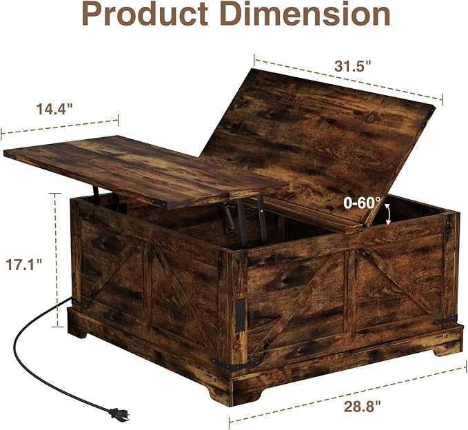 Coffee Table with Storage, 31.5" W Farmhouse Lift Top Wood Square Center Table with Charging Station, Rustic Cocktail Tables with Flip Top Lids for Living Room, Home Office, Rustic Brown