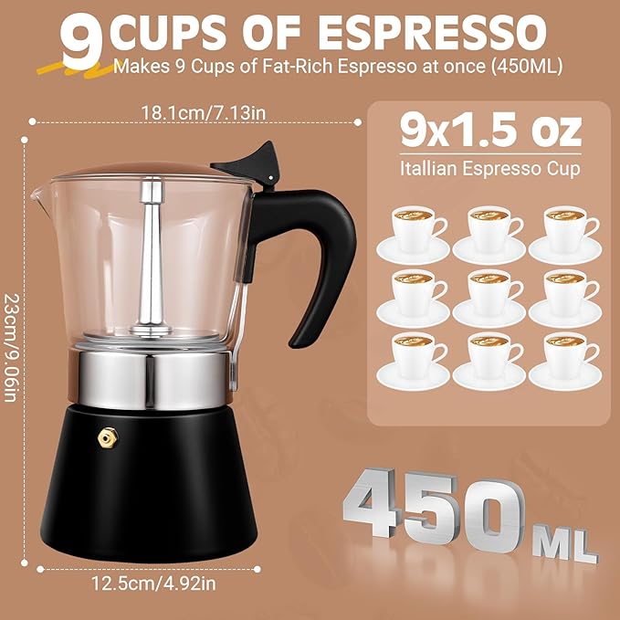 Induction Moka Pot, 9 Cups (15.9 oz) Crystal Glass-Top & Stainless Steel Moka Pot, Classic Stovetop Espresso Maker, Black