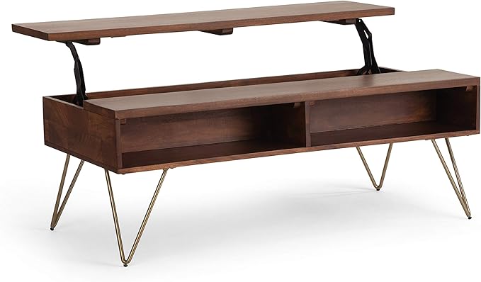 SIMPLIHOME Hunter Lift Top Coffee Table - 48 inch Wide Solid Mango Wood and Metal Industrial Cocktail Table in Umber Brown, Functional Living Room Table with 2 Storage Cubbies and Hairpin Legs