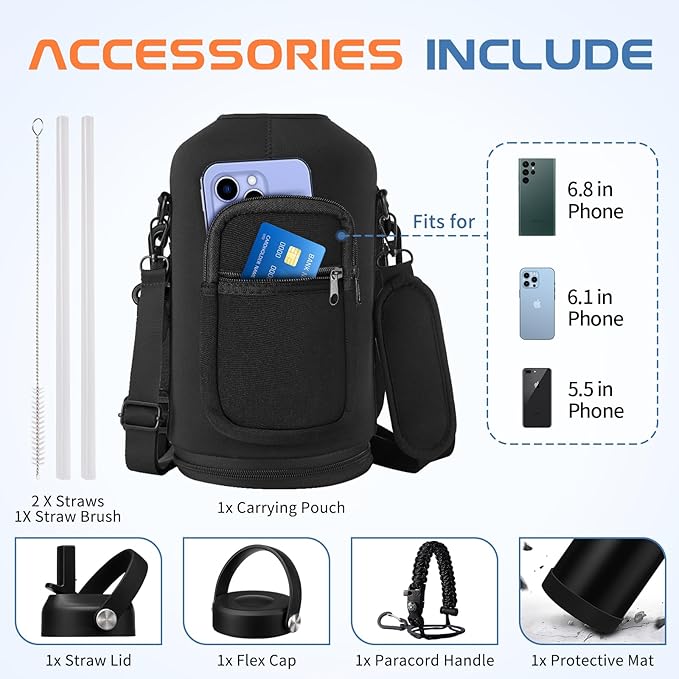1 Gallon Insulated Water Jug w/ Straw - Double Wall Vacuum Insulated Black Water Bottles 128 oz, Gallon Water Bottle w/Paracord Handle, Protective Boot, Water Bottle w/ Strap Gym Work Travel